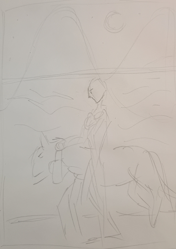 A sketch of a miner walking with a pit pony in a mine, the top third shows mountains far away from the miner