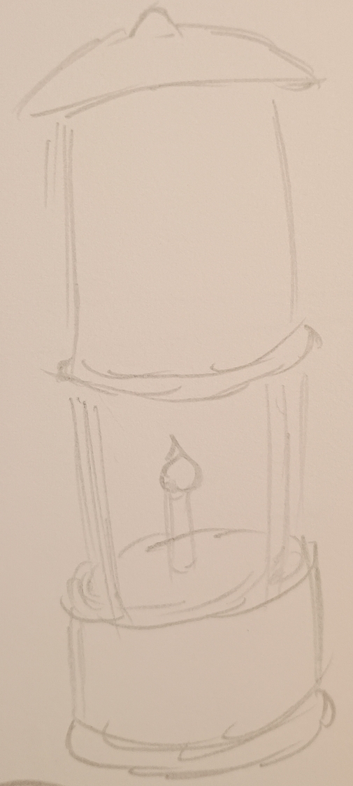 A drawing of an old fashioned portable lamp