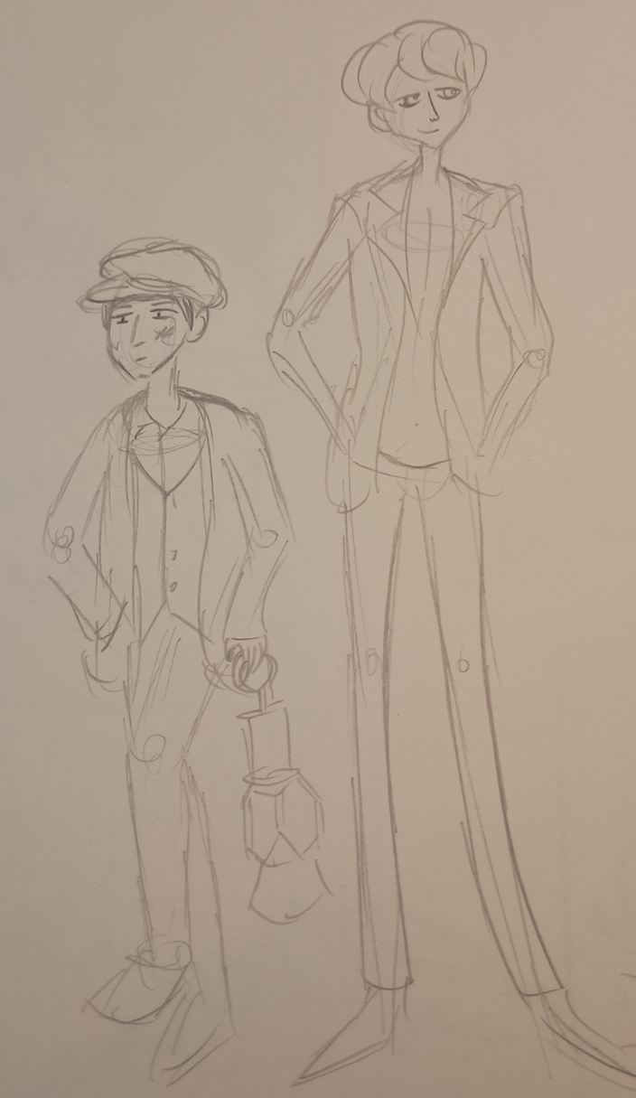 cartoony sketch of a miner and a male model