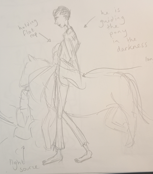 A sketch of a miner walking with a pit pony, text reads, 'holding flat cap', 'he is guiding the pony in darkness'