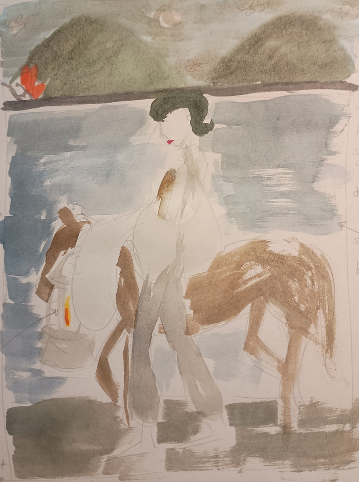 A loose watercolour painting of a miner walking with a pit pony in a mine, the top third shows mountains far away from the miner