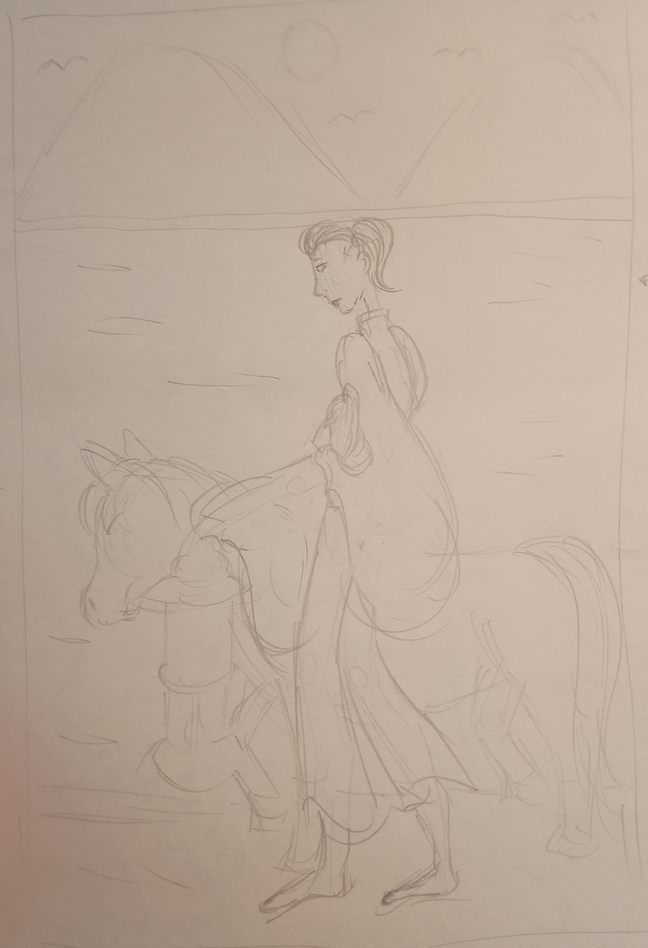 A drawing of a miner walking with a pit pony in a mine, the top third shows mountains far away from the miner