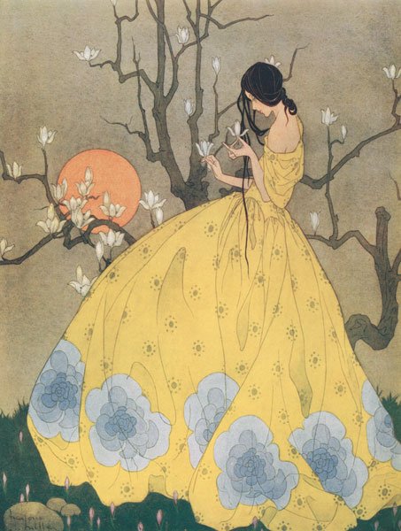 A woman in a poofy yellow dress with flower patterns is holding some blossom that is growing from a tree. It seems the sun is rising in the background.