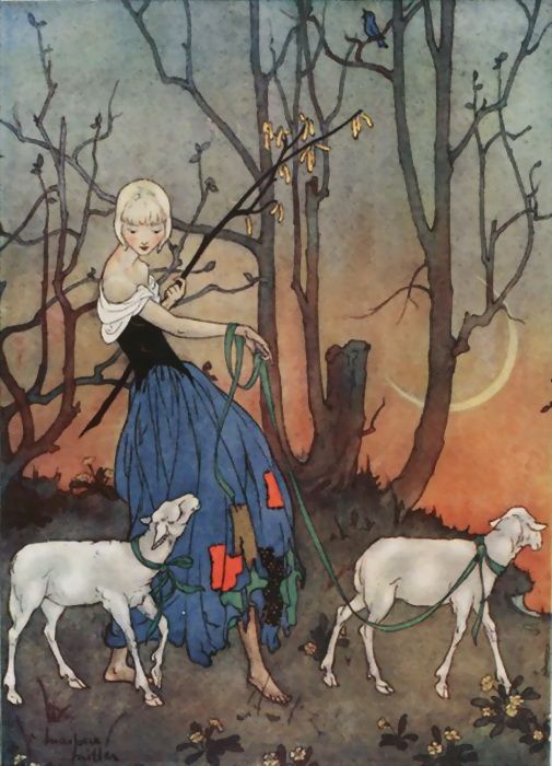 A shepherdess is escorting two sheep through a forest that is on the cusp of blooming, in the evening - the moon is rising in the background